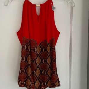 Cache high neck tank, tie back Red top with snake skin print on bottom size XS